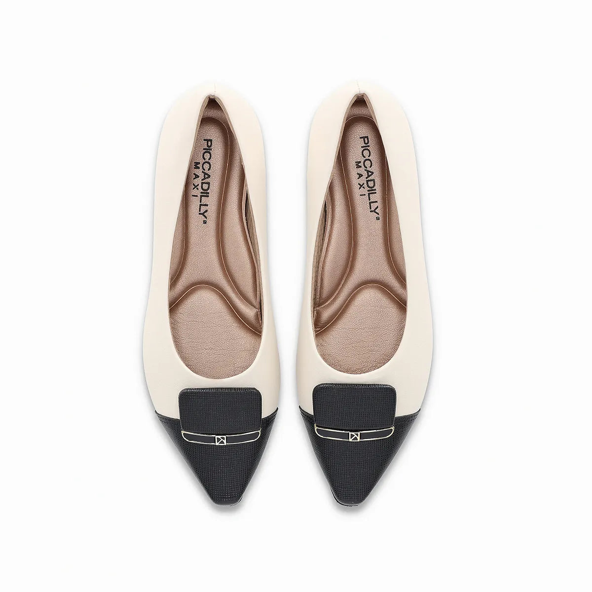 low-heeled point-toe off white shoe from Piccadilly balck embellishment and golden  detail 