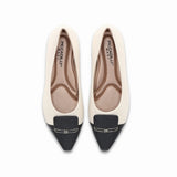 low-heeled point-toe off white shoe from Piccadilly balck embellishment and golden  detail 
