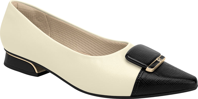 low-heeled point-toe off white shoe from Piccadilly balck embellishment and golden  detail 