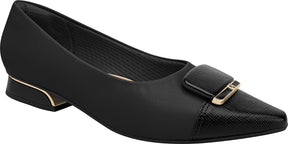 low-heeled point-toe black Piccadilly shoe  with black  embellishment and gold detail