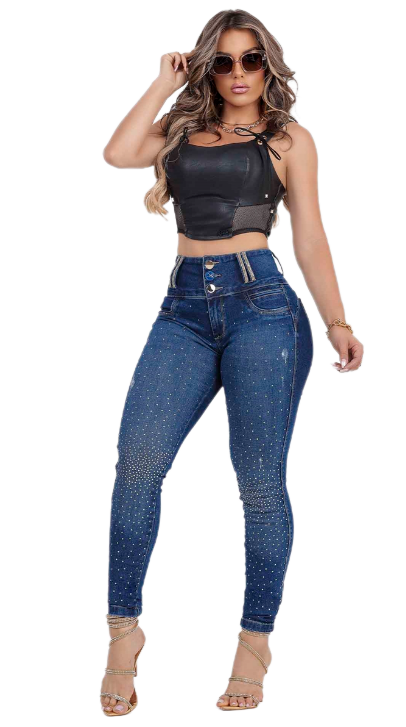 Calça jeans feminina de cintura alta Rhero com levantamento de bunda 56624