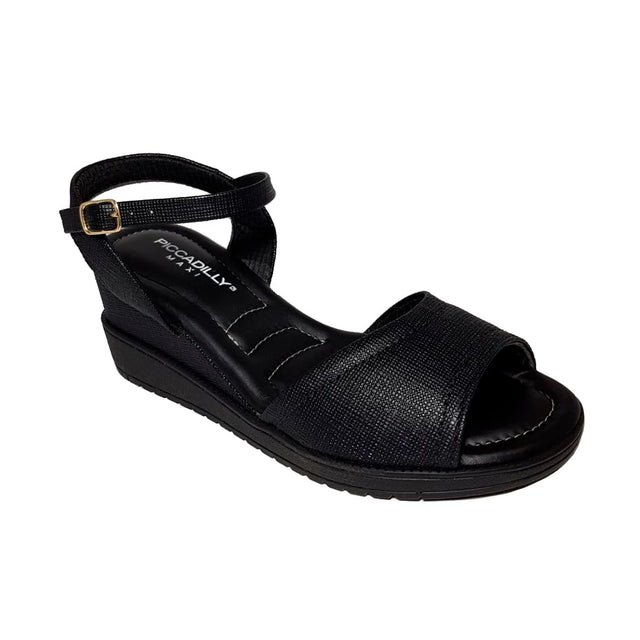 Piccadilly high-heel sandal in black, featuring a soft, curshuined insole. includes an adjustable  ankle buckle, ensuring elegance and a comfortable  fit. 