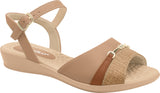 piccadilly low-heeled sandal with cushioned sole in beige color, gold detail on top with a darck beige,  strap and bucke at the heel.