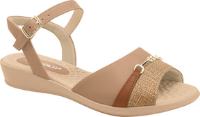 piccadilly low-heeled sandal with cushioned sole in beige color, gold detail on top with a darck beige,  strap and bucke at the heel.