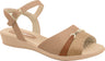 piccadilly low-heeled sandal with cushioned sole in beige color, gold detail on top with a darck beige,  strap and bucke at the heel.