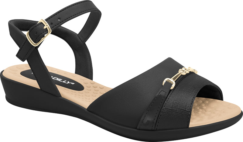 piccadilly low-heel sandal in black with a soft, cushioned insole and beige sole. feature a refined gold detail on the heel for a secure elegant fit.