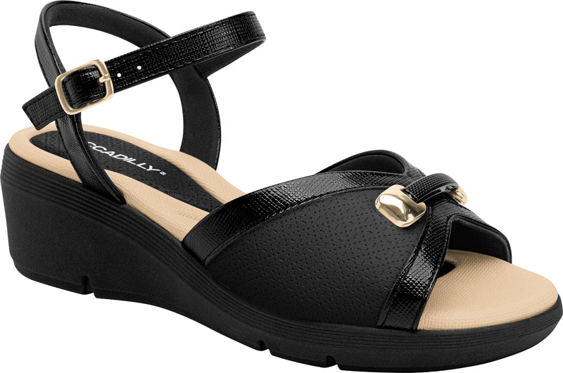 Piccadilly black wedges sandal with adjustable ankle strap and elegant design.