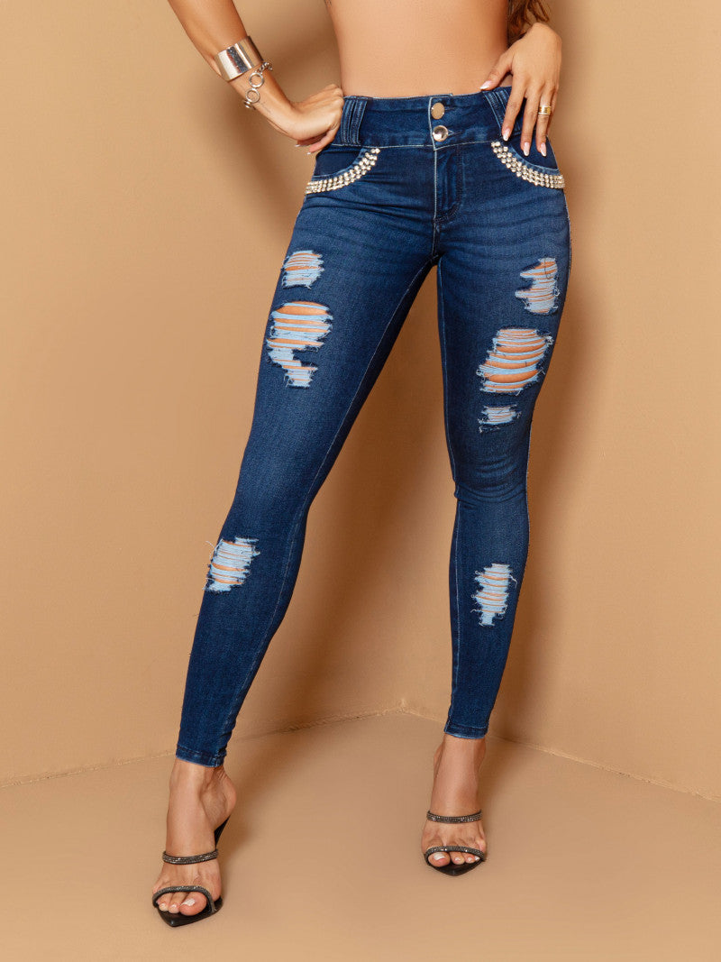 Calça Feminina Jeans Cintura Alta Rasgado Azul - Compre Agora