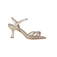 High heel Piccadilly sandal, gold color with adjustable buckle, upper straps featuring a rhinestone knot detail.
