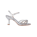 High heel Piccadilly sandal, silver color with adjustable buckle, upper straps featuring a rhinestone knot detail.
