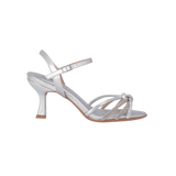 High heel Piccadilly sandal, silver color with adjustable buckle, upper straps featuring a rhinestone knot detail.
