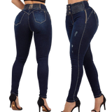 Calça jeans feminina rasgada de cintura alta Rhero com levantamento de bumbum 56743