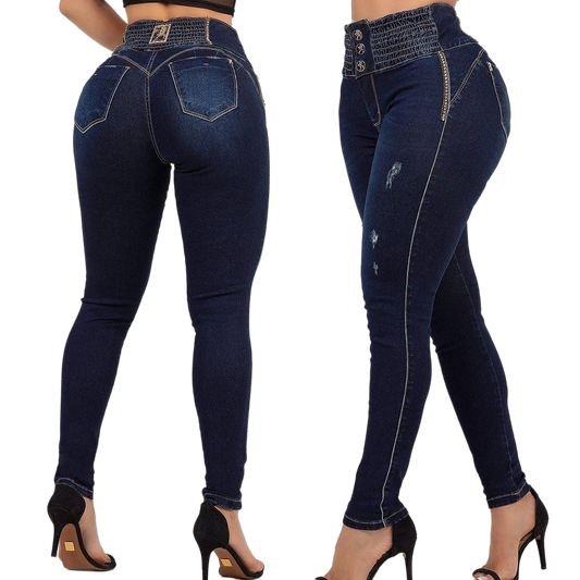 Calça jeans feminina rasgada de cintura alta Rhero com levantamento de bumbum 56743