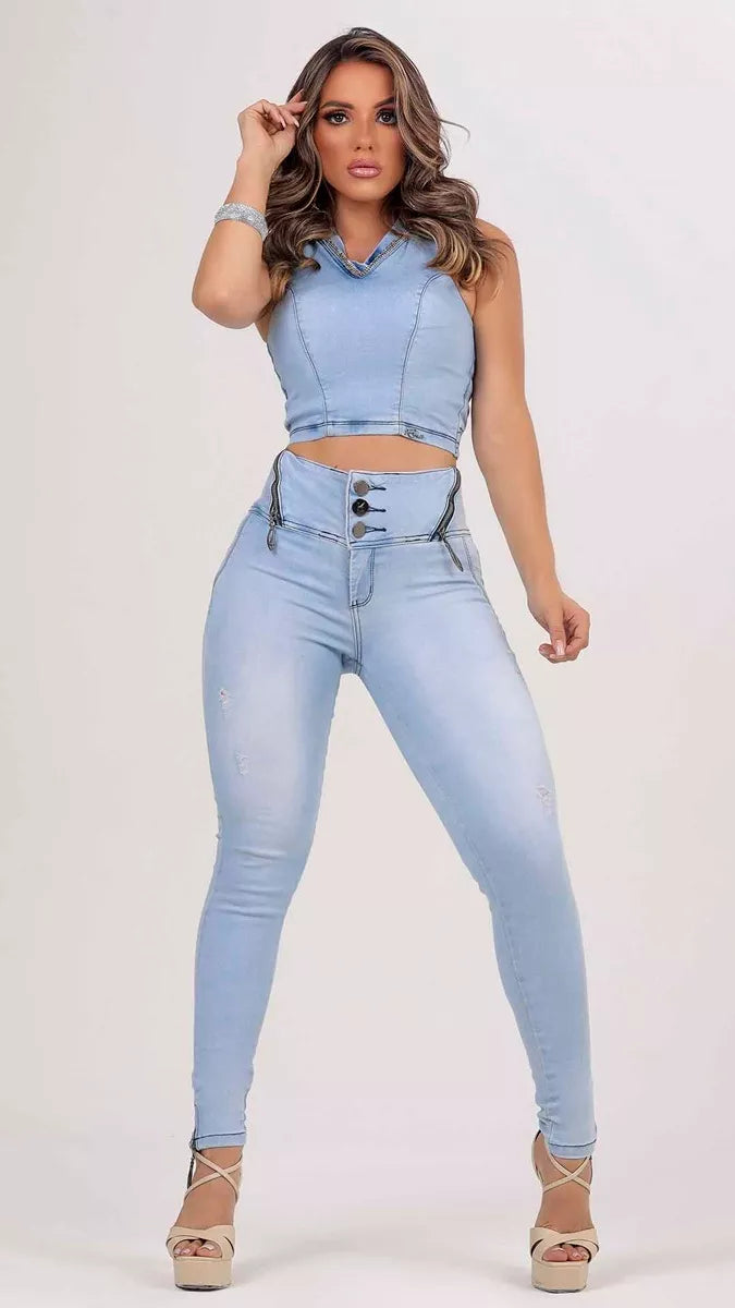 Calça jeans feminina de cintura alta Rhero com levantamento de bunda 56713