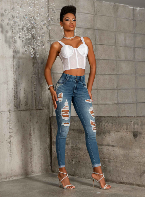 Pit Bull Jeans Calça Jeans Feminina Cintura Alta Rasgada Com Levantamento De Bumbum 64771