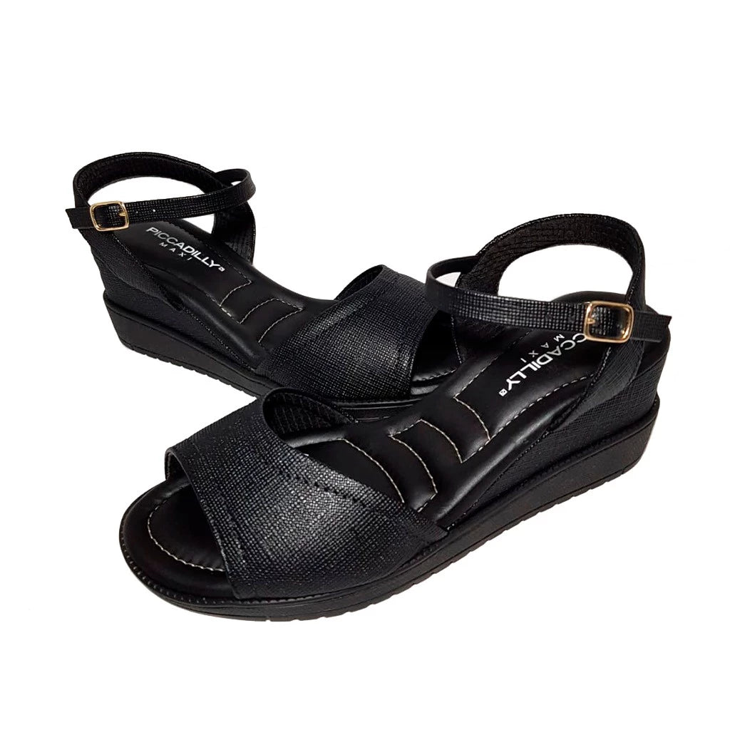 Piccadilly high-heel sandal in black, featuring a soft, curshuined insole. includes an adjustable  ankle buckle, ensuring elegance and a comfortable  fit. 