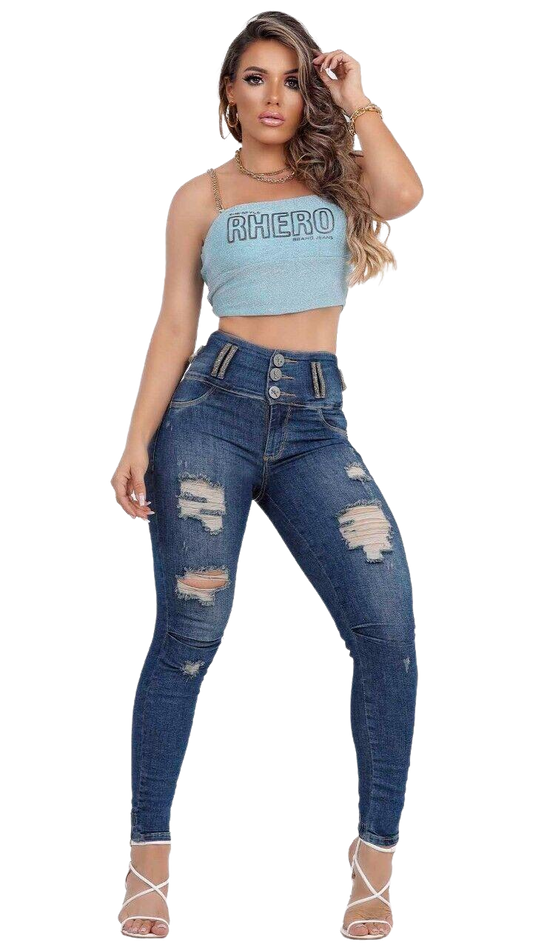 Calça jeans feminina de cintura alta Rhero 56776