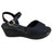 Piccadilly sandal with medium flat heel in black featuring a soft, cushioned insole. it has an adjustable  buckle at the heel.