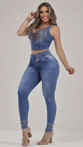 Calça jeans feminina Rhero cintura alta com elevação do bumbum 56745