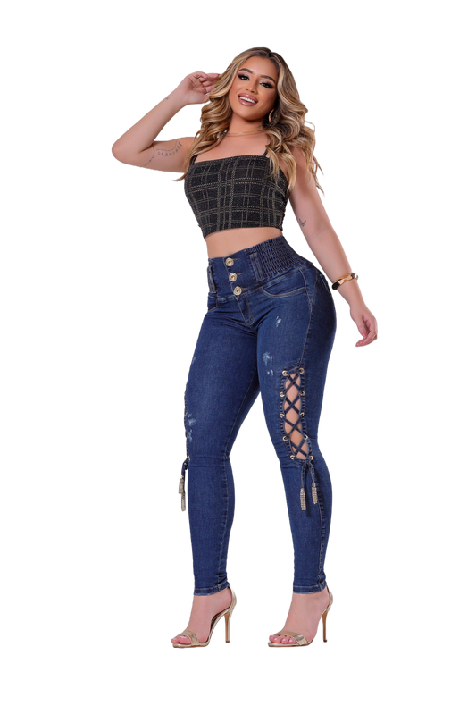 Calça jeans feminina de cintura alta Rhero com levantamento de bunda 57080