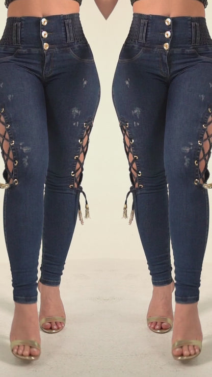 Calça jeans feminina de cintura alta Rhero com levantamento de bunda 57080