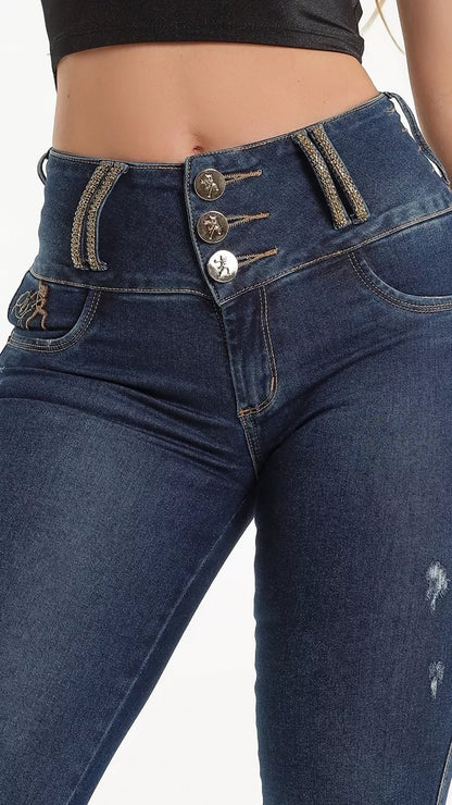 Calça jeans feminina de cintura alta Rhero com levantamento de bumbum 56622