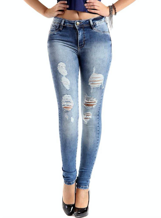 Calça jeans feminina rasgada de cintura baixa Sawary 248207