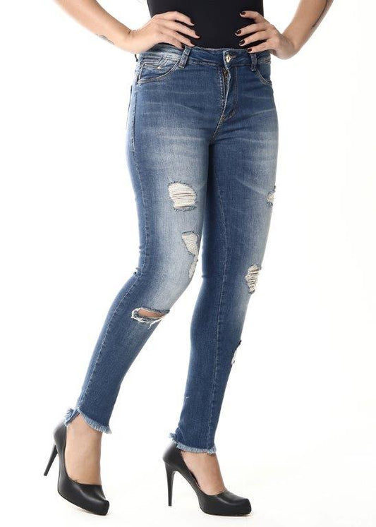 Calça jeans feminina rasgada de cintura baixa Sawary 254494